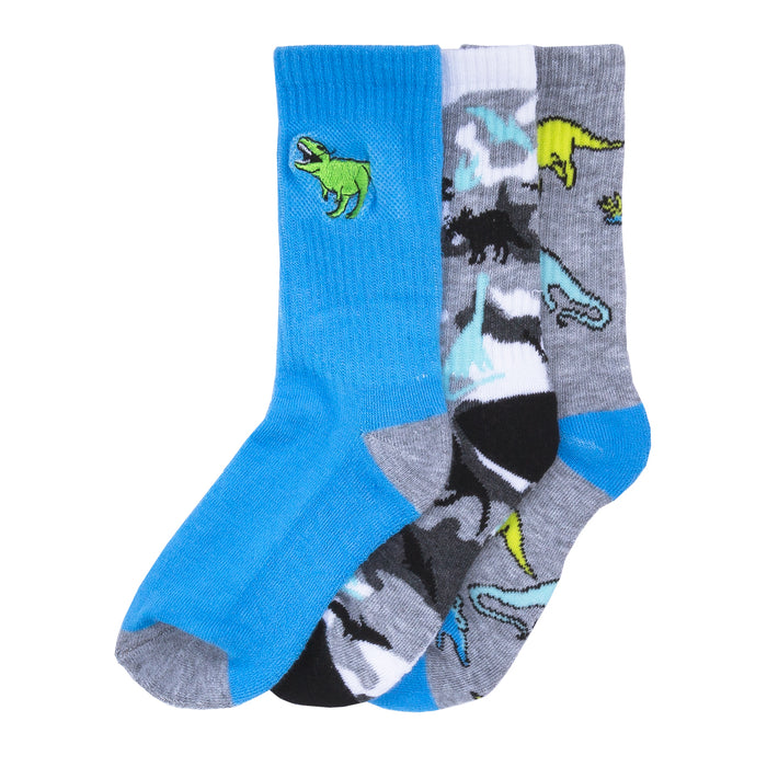 Kids' x-small crew socks, 3-pack with blue and dinosaur prints