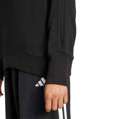 Black sweatshirt sleeve cuff with ribbed knit and small logo on upper sleeve