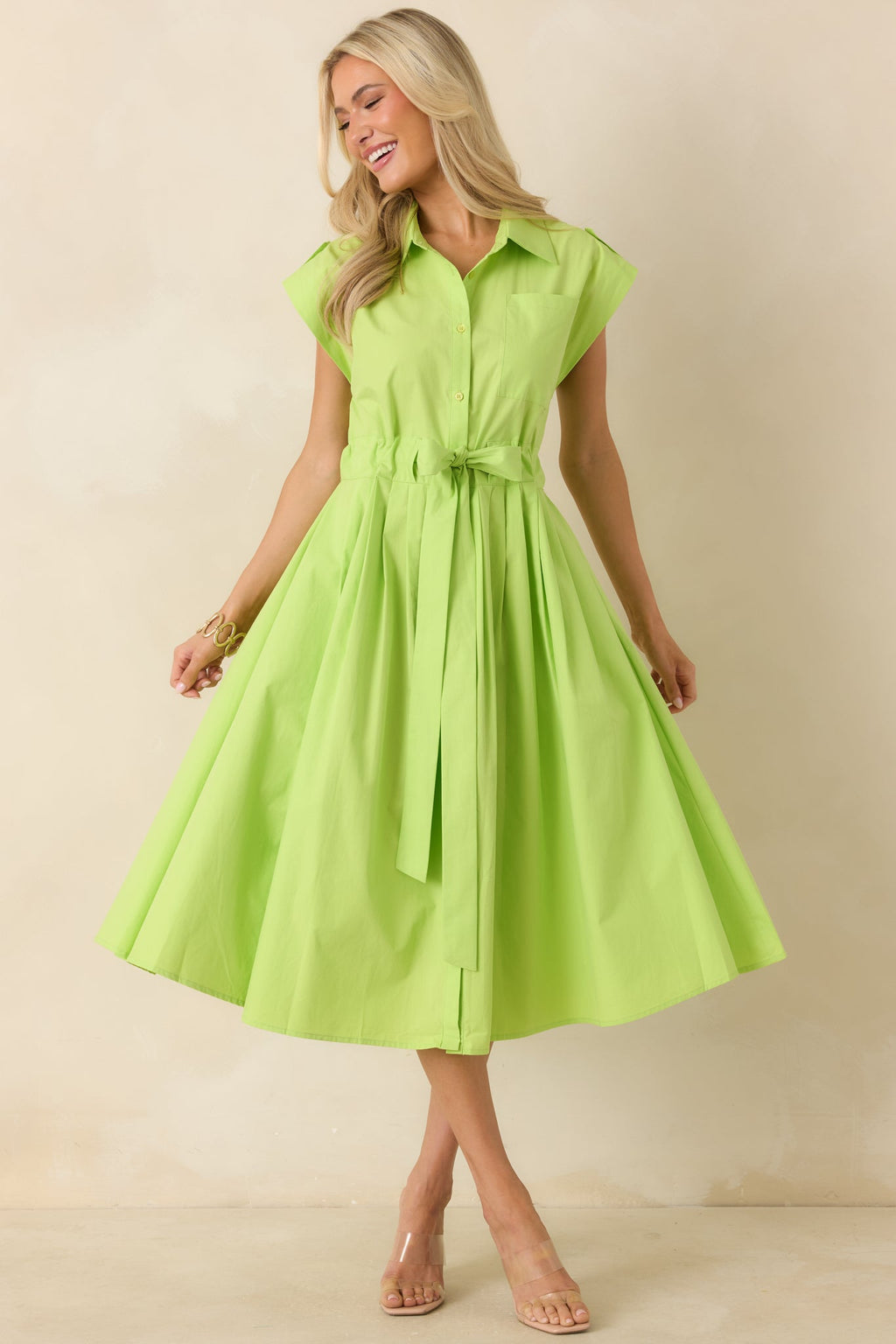 Prosperina Lana Lime Green Cotton Button-Front Midi Dress