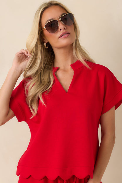 First Class Flirt Red Scalloped Hem Top