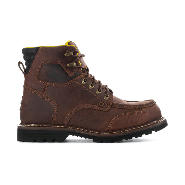 Men's brown lace-up moc-toe boots with yellow collar lining and stitched seams