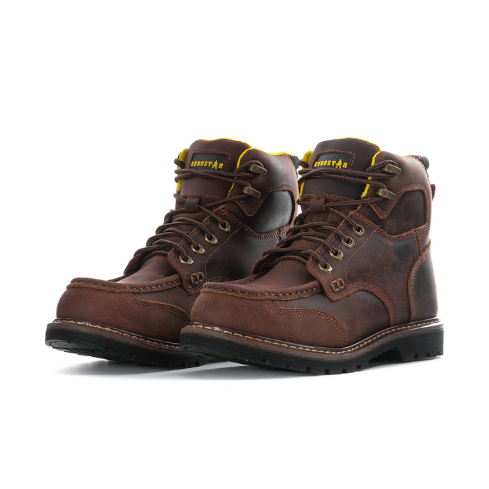 Men's brown moc-toe lace-up boots with yellow trim and durable black outsole