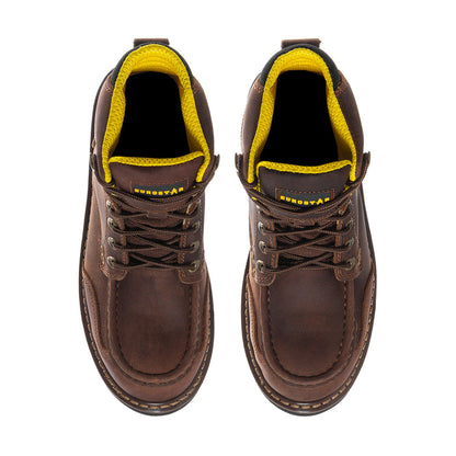 Men's brown moc-toe lace-up work boots with yellow lining and padded collar