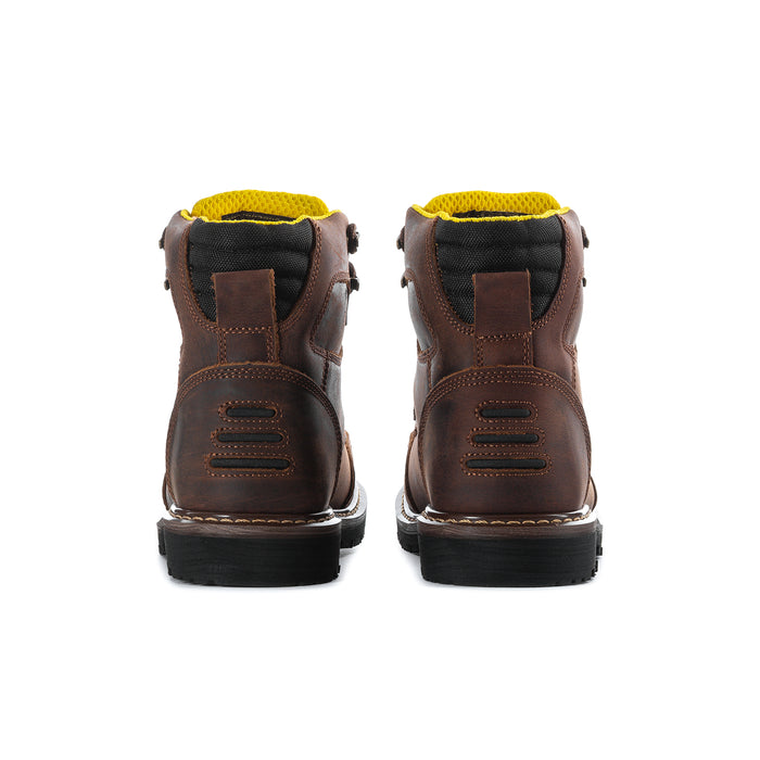 Men's brown moc-toe lace-up boots with yellow lining and heel pull tabs