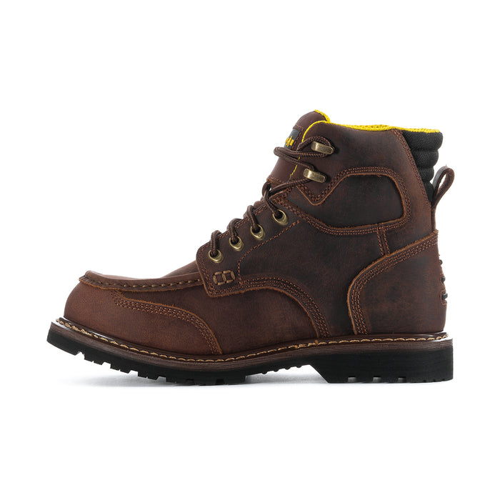 Men's brown moc-toe lace-up boot with padded collar and rugged tread sole