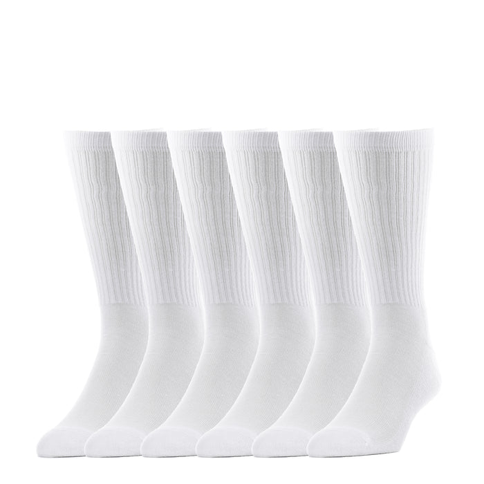 White crew socks, 6-pack, ribbed cuffs and textured knit leg
