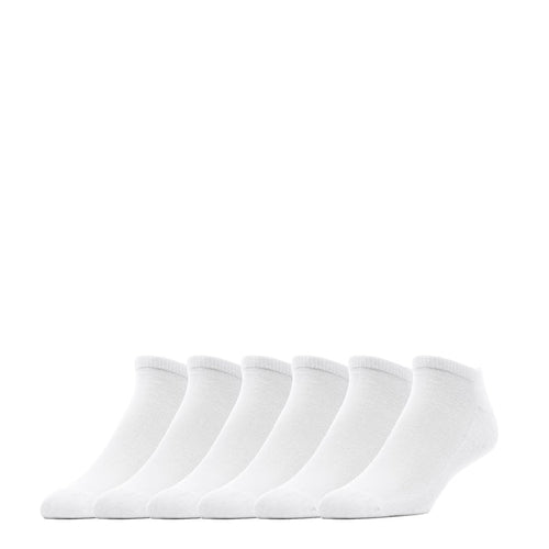 Pack of six large no-show socks, white, low-cut with ribbed cuffs.