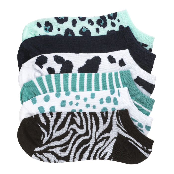 6-pack no-show socks with teal, white, black animal print and zebra patterns