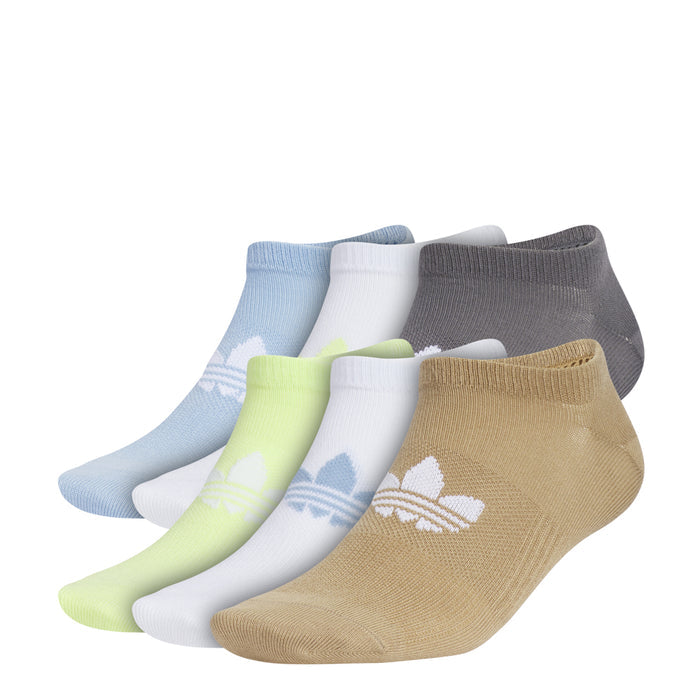 6-pack no-show socks in light blue, white, gray, neon green, and tan; white logo