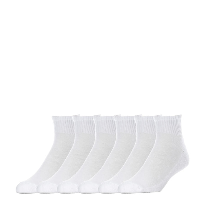 6-pack white quarter crew socks with ribbed knit and cushioned foot