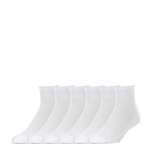 6-pack white quarter crew socks with ribbed knit and cushioned foot