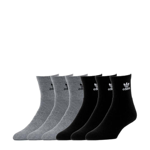 6-pack crew quarter socks in heather grey and black, with adidas logo
