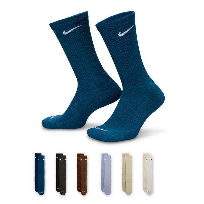 Unisex crew socks, cushioned, blue pair with white Nike swoosh