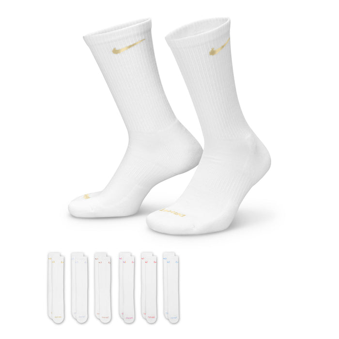 White cushioned crew socks with gold Nike Swoosh; two shown