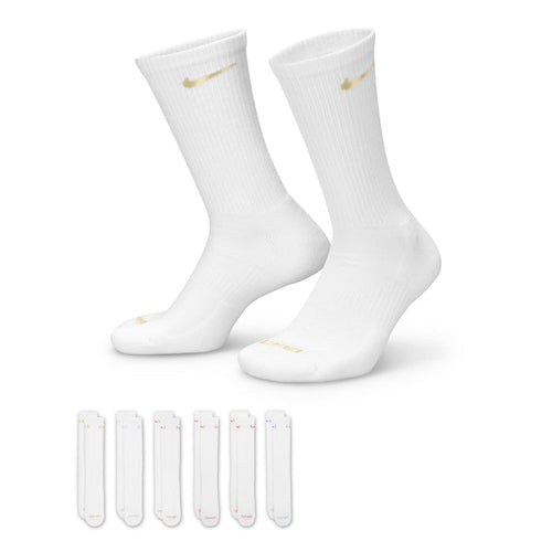 White cushioned crew socks with gold Nike Swoosh; two shown
