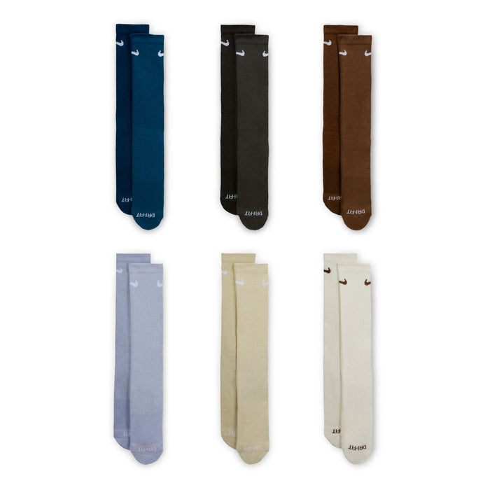Six-pack unisex crew socks in assorted colors, shown folded upright