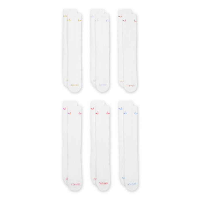 White cushioned crew socks with multicolor Nike Swoosh; six-pack layout