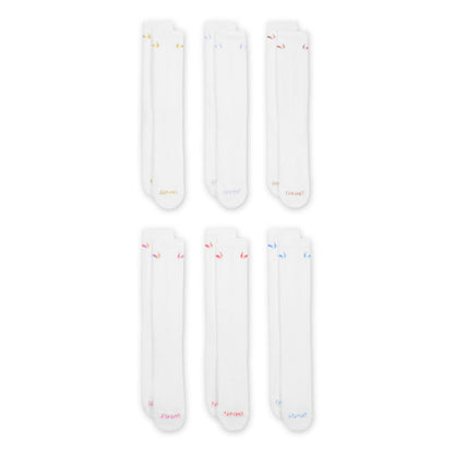 White cushioned crew socks with multicolor Nike Swoosh; six-pack layout