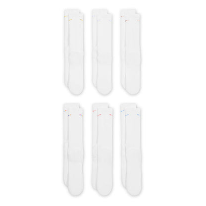 White cushioned crew socks with small multicolor Nike Swoosh; six socks shown