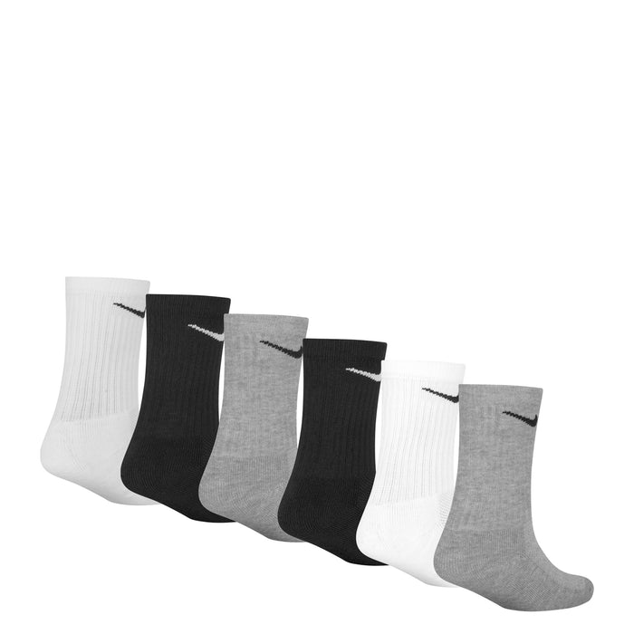 6-pack x-small crew socks laid out, white/black/gray with Nike swoosh