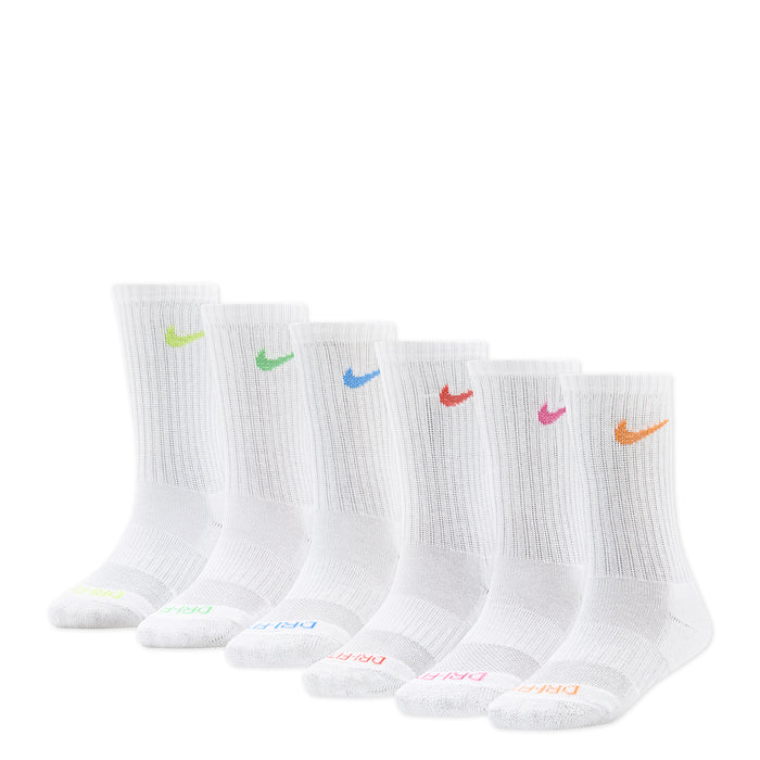 6-pack x-small dri-fit crew socks, white with multi-color swoosh logos
