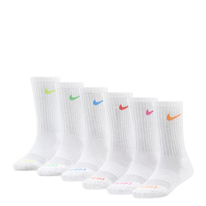 6-pack x-small dri-fit crew socks, white with multi-color swoosh logos