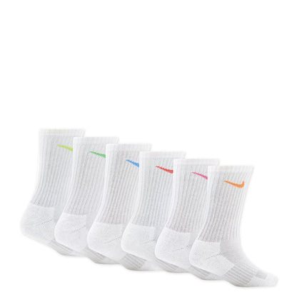6-pack crew performance socks in white, multi swooshes on ribbed cuffs