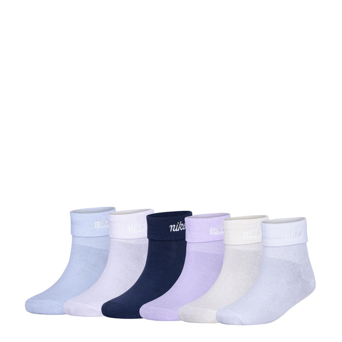 6-pack x-small fold-over ankle socks, pastel light blue, navy, lilac, gray, cream.