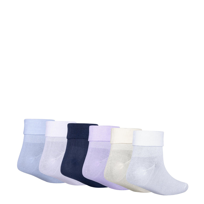 6-pack x-small fold-over ankle socks, light blue, white, navy, pale purple, cream, gray.