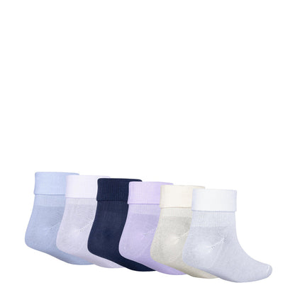 6-pack x-small fold-over ankle socks, light blue, white, navy, pale purple, cream, gray.