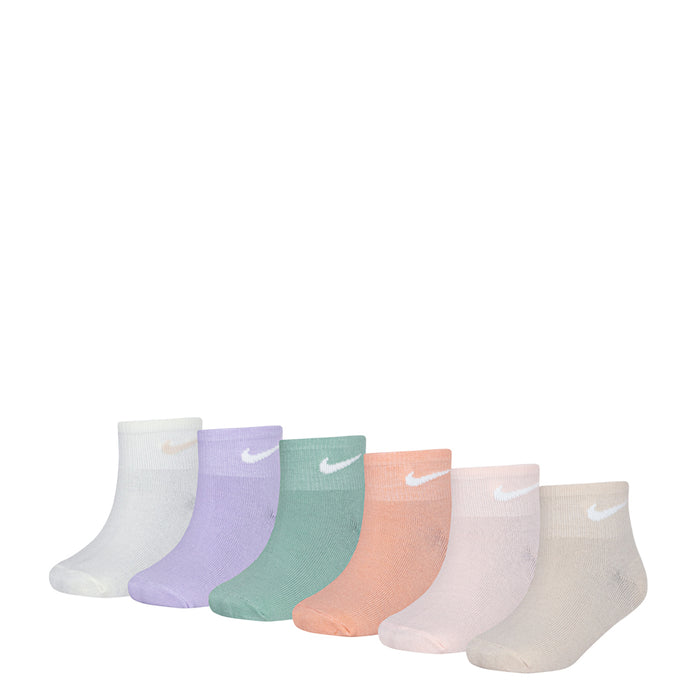 Six-pack quarter crew socks with metallic swoosh, assorted pastel and cream tones