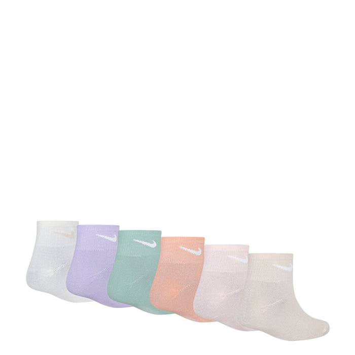 Six-pack quarter crew socks with metallic swoosh, light lavender to peach pastel mix