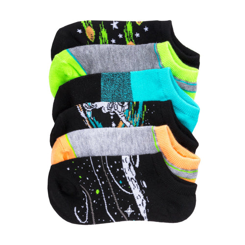 No-show socks 6-pack, X-small: black with neon teal, chartreuse, astronaut graphics