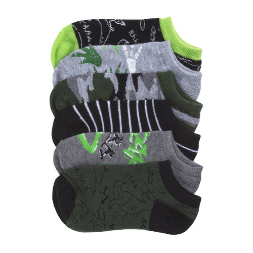 6-pack x-small no-show socks, black gray and green dino patterns