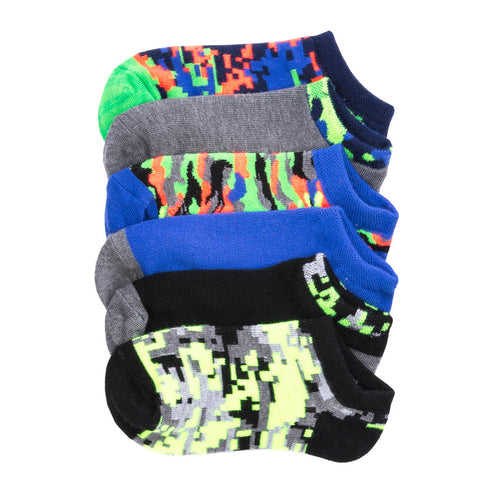 6-pack x-small no-show socks in multicolor digital camo (gray, blue, black, green)