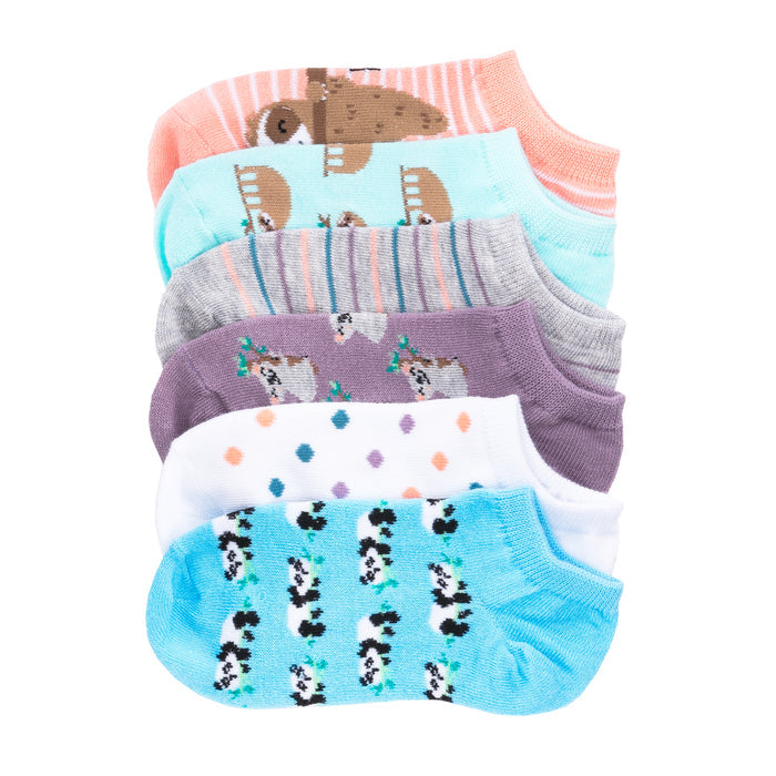 Six-pack x-small no-show socks with pastel animal prints, assorted colors