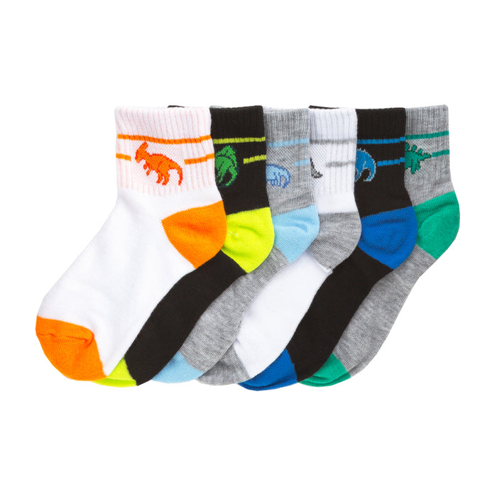 6-pack kids quarter socks, x-small, dinosaur graphics in orange, black, gray, blue, green
