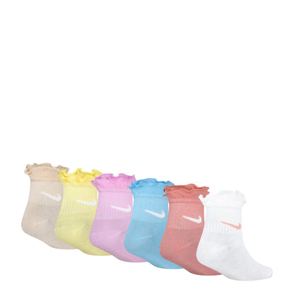 Six pairs of ruffle ankle socks in pastel colors with small white logo marks