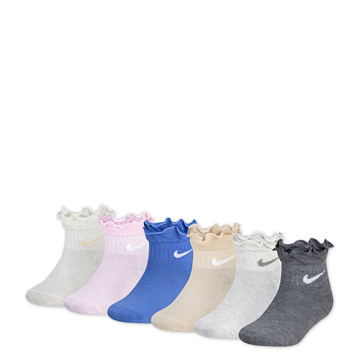 6-pack ruffle ankle socks with Nike swooshes, sail/ pink/ purple/ neutrals