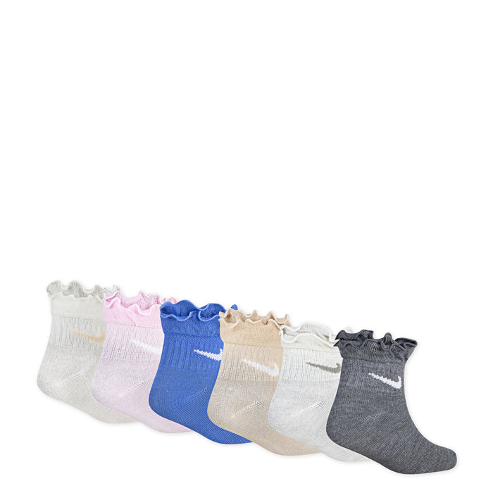 6-pack ruffle ankle socks in white, pink, blue, tan, and gray with Nike swooshes