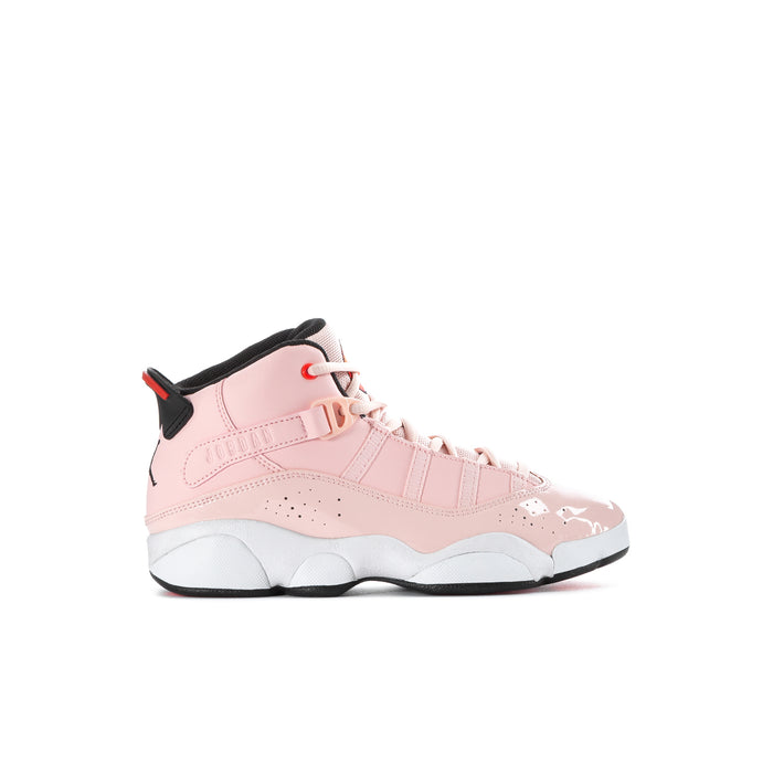 Kids high-top sneakers in pink with black lining and white sole, lace-up