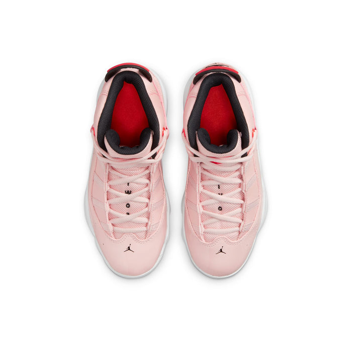 Kids high-top sneakers pair view, pink uppers with black collars and red interior