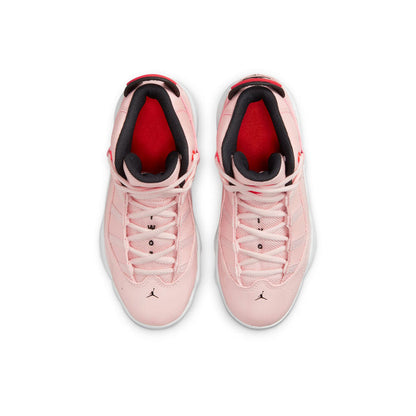 Kids high-top sneakers pair view, pink uppers with black collars and red interior