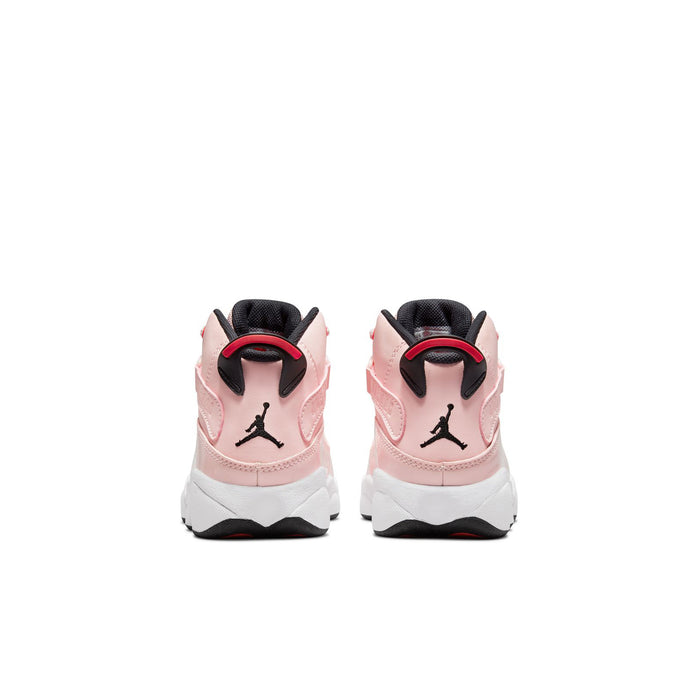 Kids high-top sneakers rear view, pink leather with black heel panels and white sole