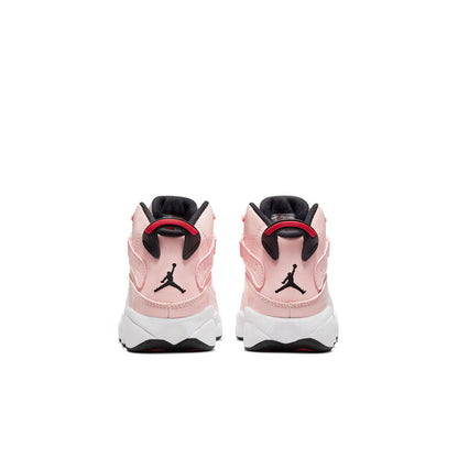 Kids high-top sneakers rear view, pink leather with black heel panels and white sole
