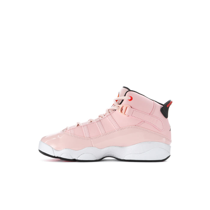 Kids high-top sneakers side profile in light pink with black heel detail and white sole
