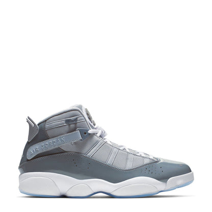 Mens mid-top basketball shoe in cool grey and white with lace-up and side strap