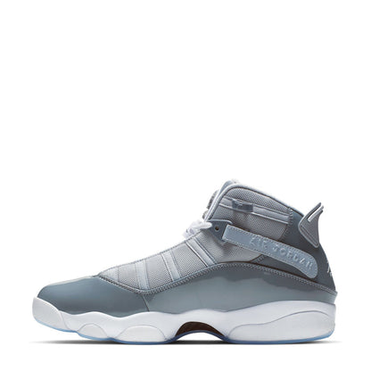 Mid-top sneaker in cool grey and white, side view with lace-up and padded collar