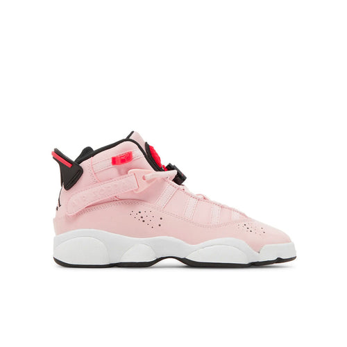 Youth pink high-top sneakers with black and red lace accents and white rubber sole