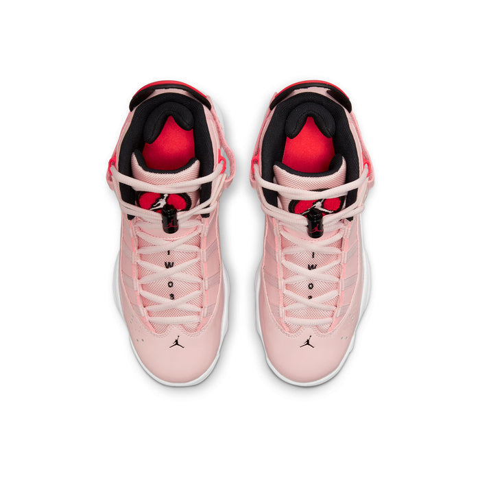 Youth pink high-top sneakers, front view, with red-lined tongue and black Air logo